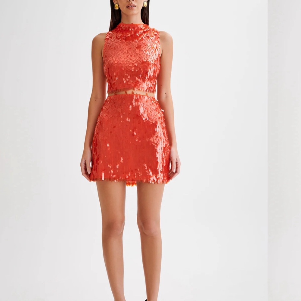Vibrant Orange Shimmer Mini Dress with High Neckline